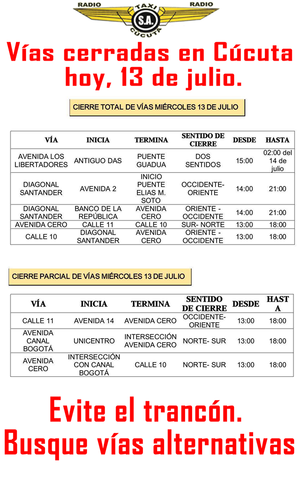 vias cerradas 13 julio 2016