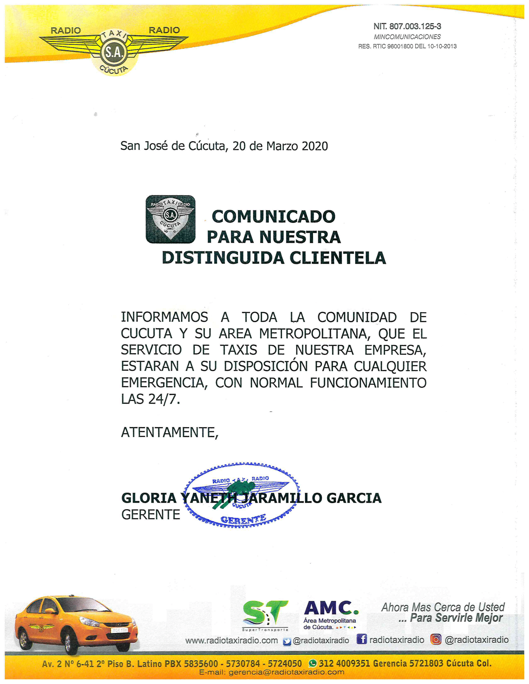 Comunicado a nuestra distinguida clientela