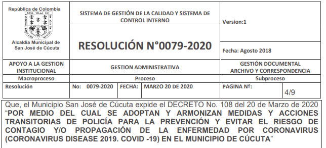 Resolución número 0079 – 2020. Alcaldía de Cúcuta