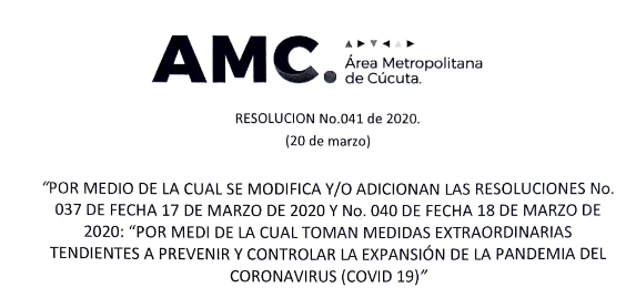 Resolución número 041 de 2020. Área Metropolitana De Cúcuta