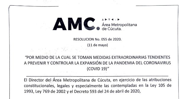 Resolución 055 de 2020. Área Metropolitana De Cúcuta