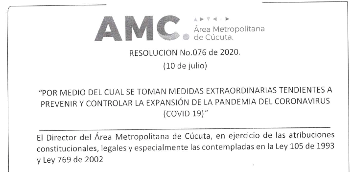 Resolución 076 de 2020. Área Metropolitana De Cúcuta